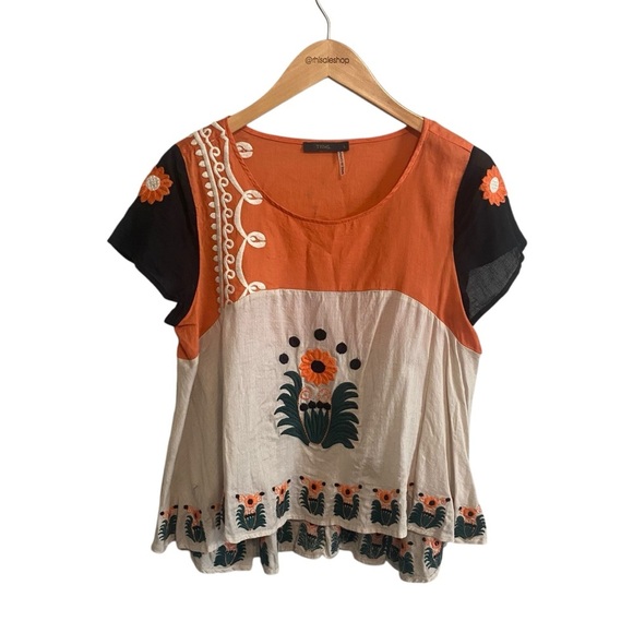 THML Embroidered Cotton Bohemian Scoop Neck Cotton Peplum Top Size Large - Picture 2 of 7